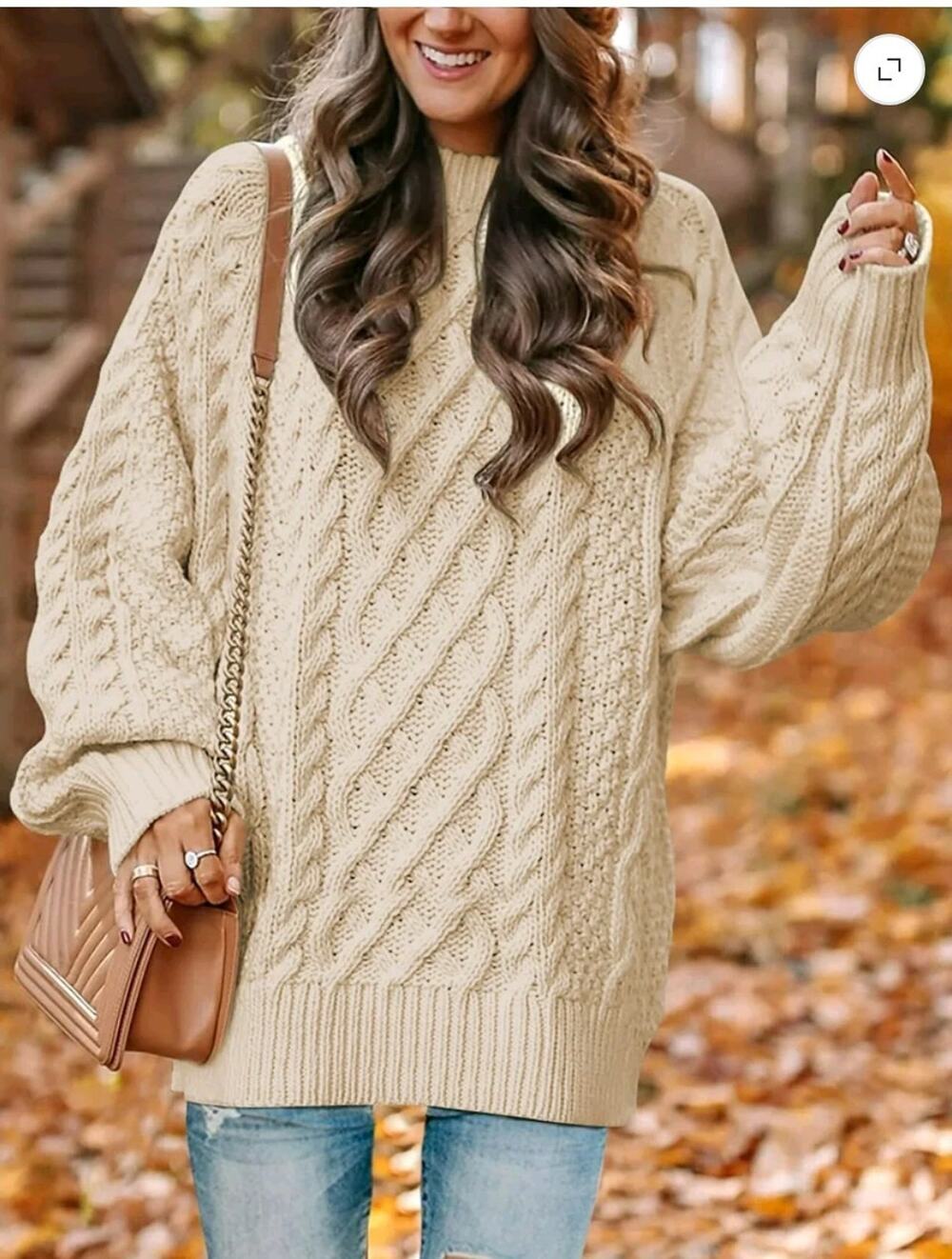 MOSHU Women's Beige Cable-Knit Crew Neck Long Sleeve Pullover Sweater M